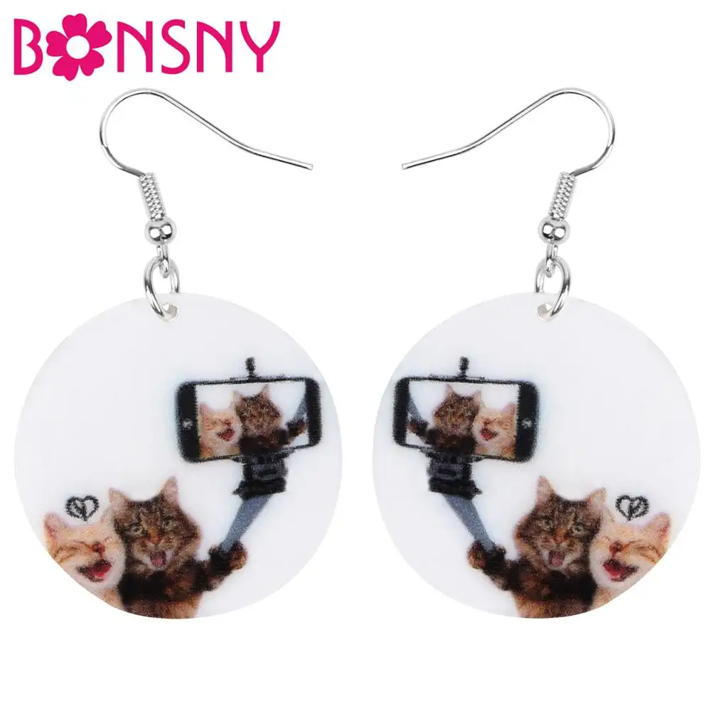 Bonsny Acrylic Double Cat Selfie Round Earrings Drop Dangle Decorations Jewelry For Women Girls Teens Charm Party Gift Accessory | Украшения