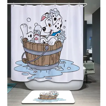 

Bathroom Cute Dog Bathing Fabric Bath Shower Curtain With 12 Hooks