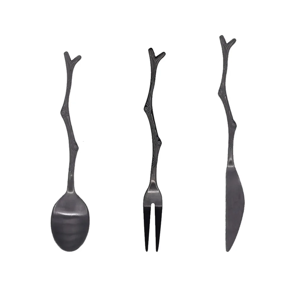 Silverware Retro Branch Knife Fork Spoon Baby Steel Titanium Stainless Spoons 3 Pcs