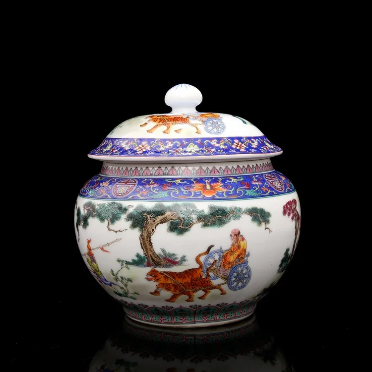 

Qianlong's Famille Rose Enamel Tea Jar Caddy Guiguzi Goes Down The Mountain Tea Pot Antique Porcelain Jar Collection