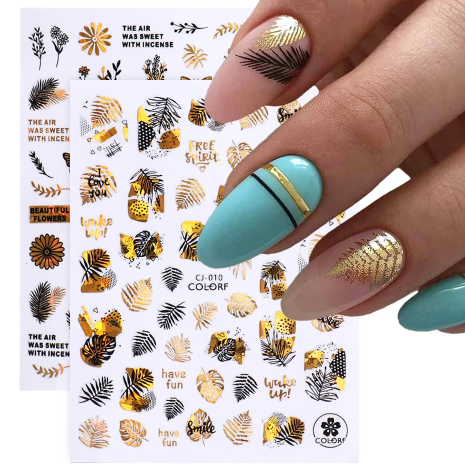 Holographic Gold Black Nail Art Stickers Flowers Autumn Leaf 3d Decals  Sliders Fall Nails Designs Foils Decorations Trcj010-018 - Stickers &  Decals - AliExpress