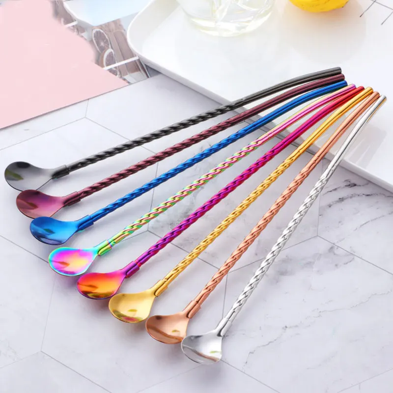 1PC Long Twisted Straw Spoon Portable Gold Tea Scoop Reusable Colored
