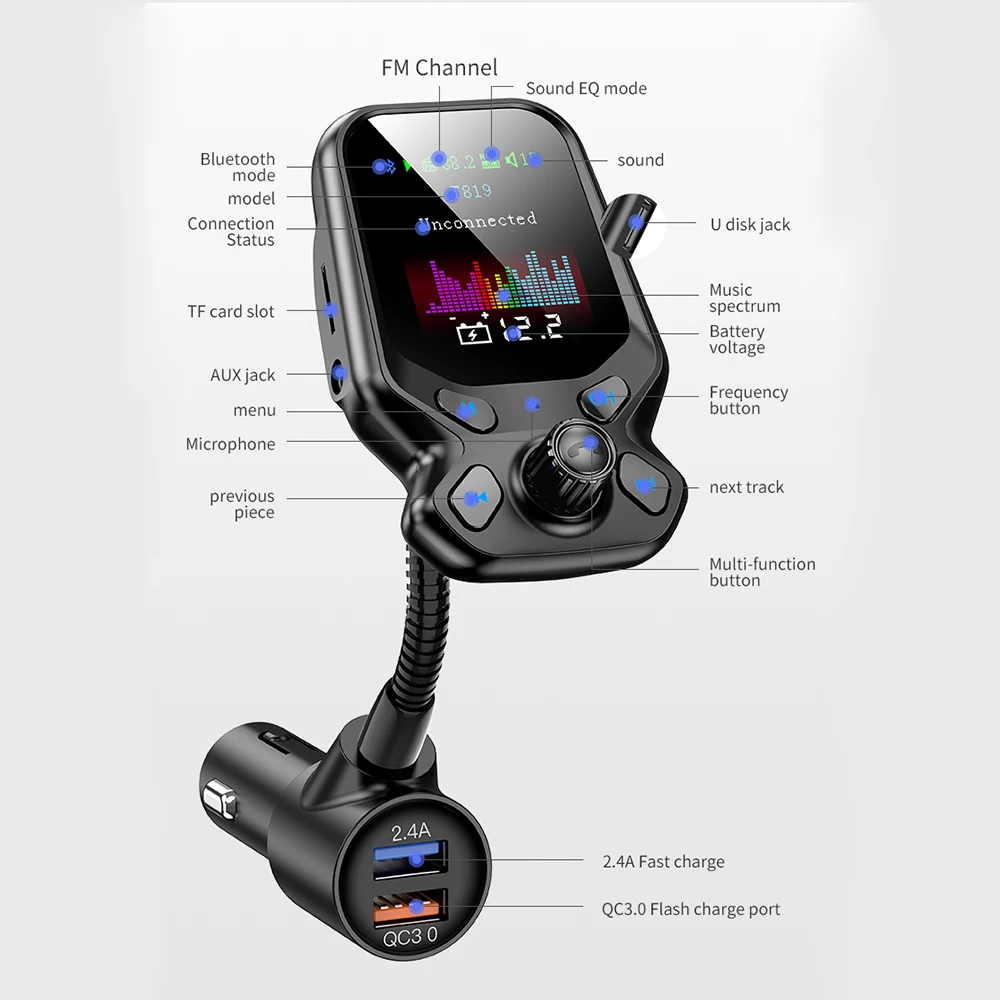 TOSPRA Беспроводной Bluetooth FM передатчик модулятор Автомобильный комплект Hands-Free автомобильный 1,77 дюйма Цвет Экран MP3 плеер с 5V3AFast зарядки