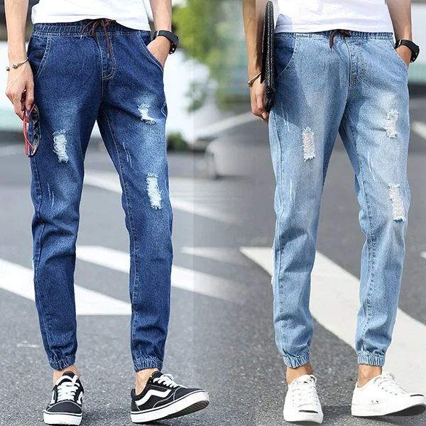 Men Casual Jeans Men Large Size Elastic Waist Legs Jeans Men Loose Hole Straight Leg Ankle Length Casual Pants
