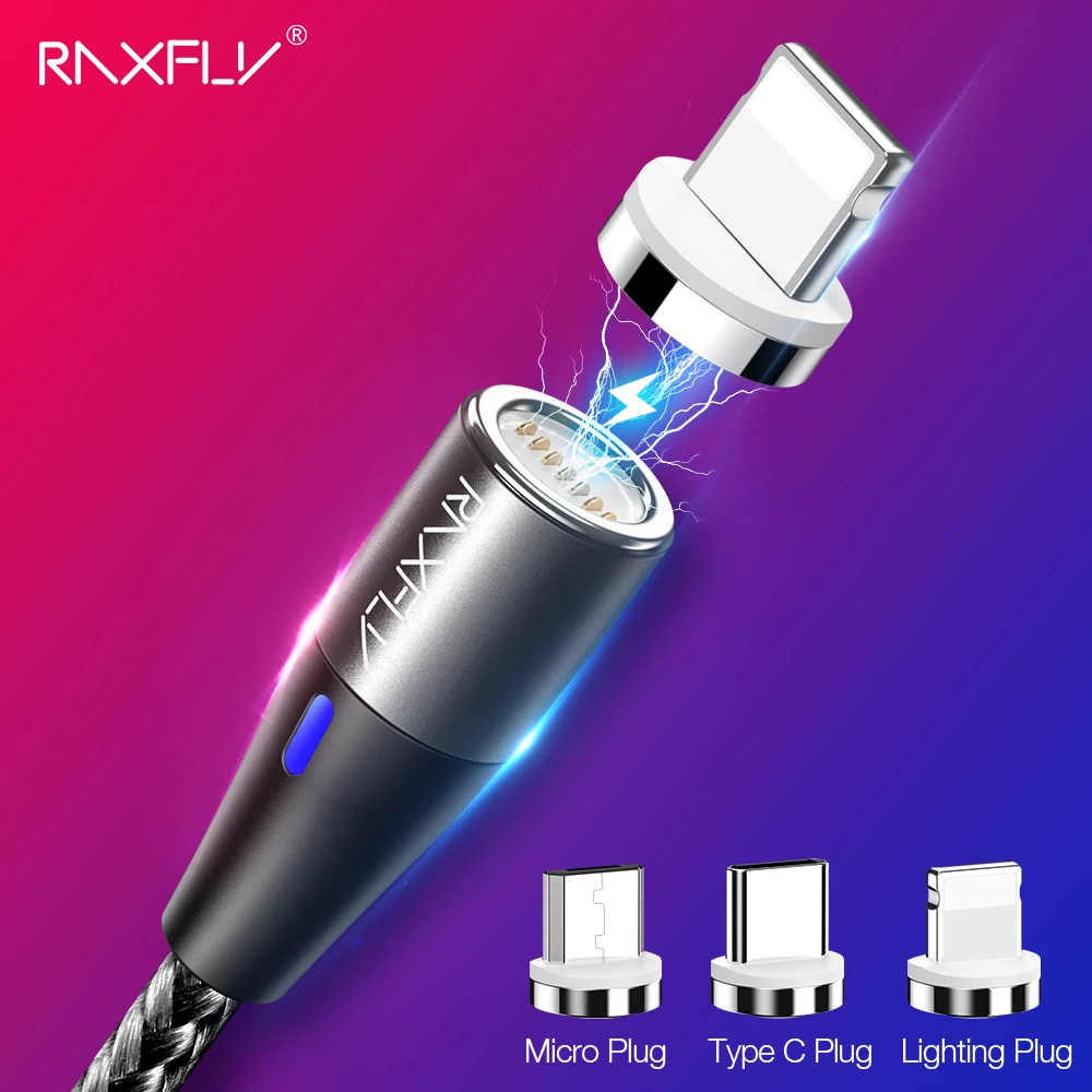 Магнитный зарядный кабель RAXFLY 3A для iPhone Xiaomi Mi A2 быстрой зарядки Micro USB Type C