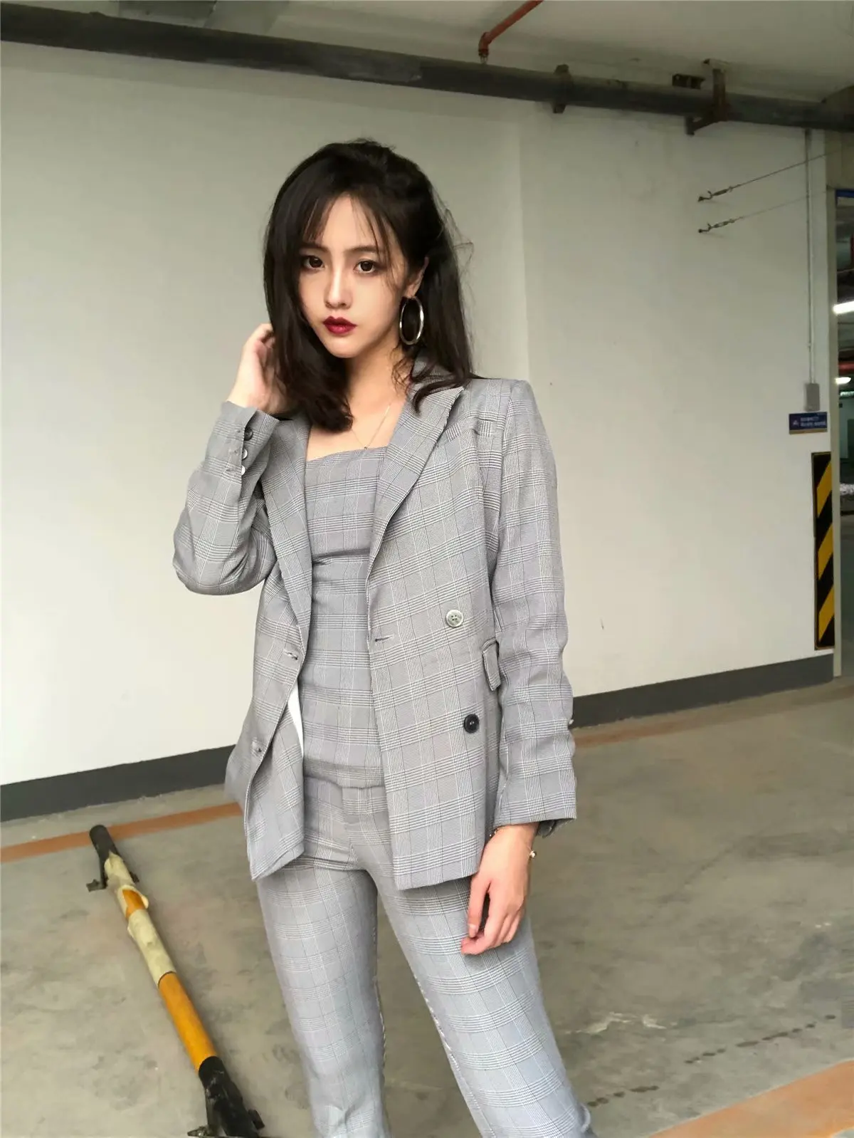 

Autumn New Style Europe And America WOMEN'S Dress-Style Plaid Stitching Loose-Fit Double Breasted Suit Jacket W2272