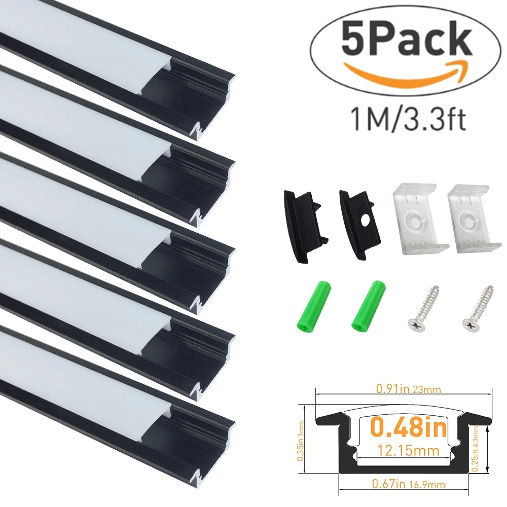 

5Pack 1M(3.3ft) Black U-Shape 12mm LED Aluminum Channel System for LED Strip Light Installation-U01B1M5
