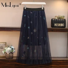 L-4XL размера плюс женские сетчатые плиссированные юбки осень модные эластичные Юбки миди с высокой талией и вышивкой