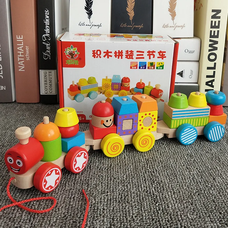 

Children'S Educational Toy Drag Building Blocks Assembled Three-section Train Shape Matching Jenga Building Blocks Cognitive Toy