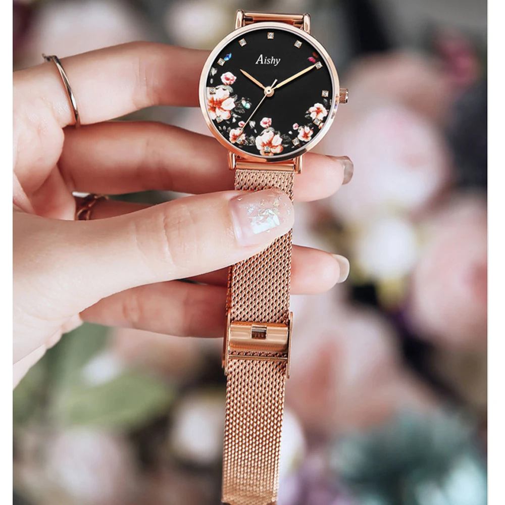 Повседневные модные женские часы роскошные Aishy для отдыха с цветком кожаный