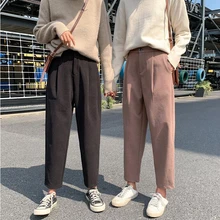 Женские шерстяные брюки с высокой талией осень зима женские, повседневные, свободные шаровары шерстяные корейские модные брюки с карманами на пуговицах
