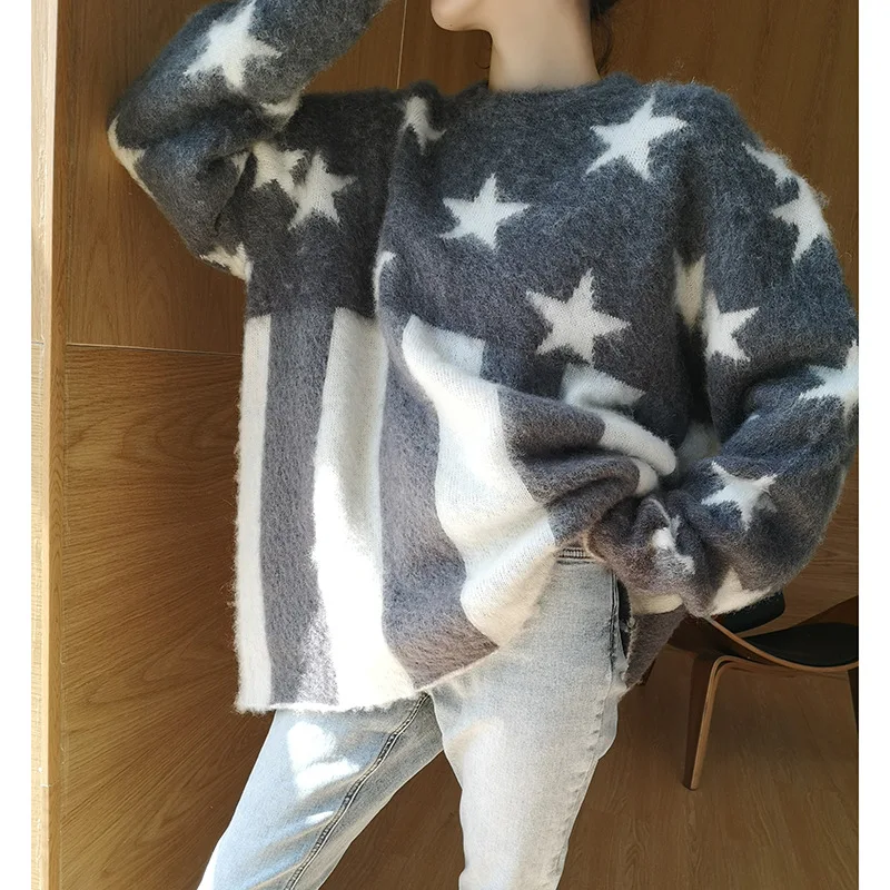 

Star Mohair Long Sleeve Loose Slouchy Style Pullover Thickened Sweater New Autumn and Winter 2019 Pullovers Women Sweaters
