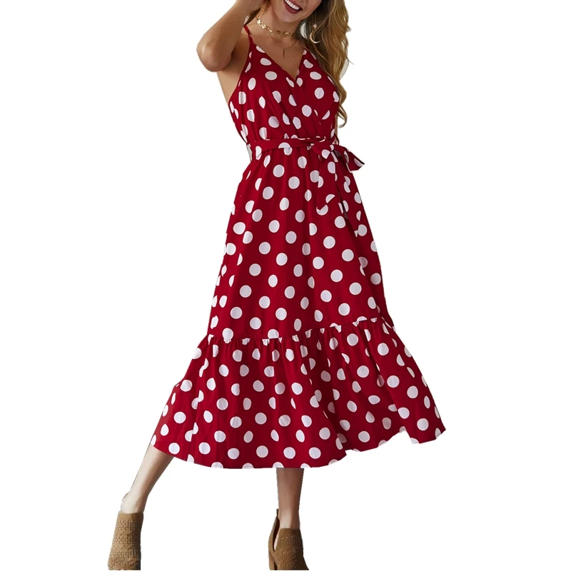 

New Sling Ruffle Dress 2019 V-neck White Wave Point Sleeveless Bandage Dress Belt Pleat Beach Evening Party Dresses Women Summer