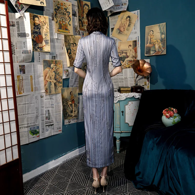 4XL 3XL размера плюс Симпатичные Cheongsam шелковые длинные вечерние платья Банкетный Qipao светильник в фиолетовую Полоску Вечернее китайское платье