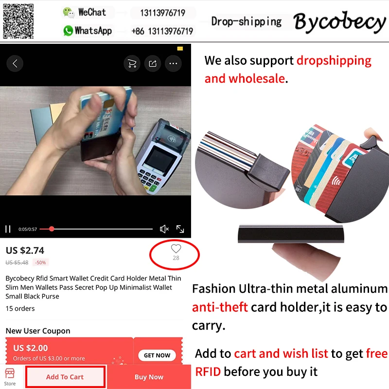 Bycobecy Rfid Умный кошелек кредитный держатель для карт металлические тонкие мужские кошельки Pass Secret Pop Up минималистичный кошелек маленький черный кошелек