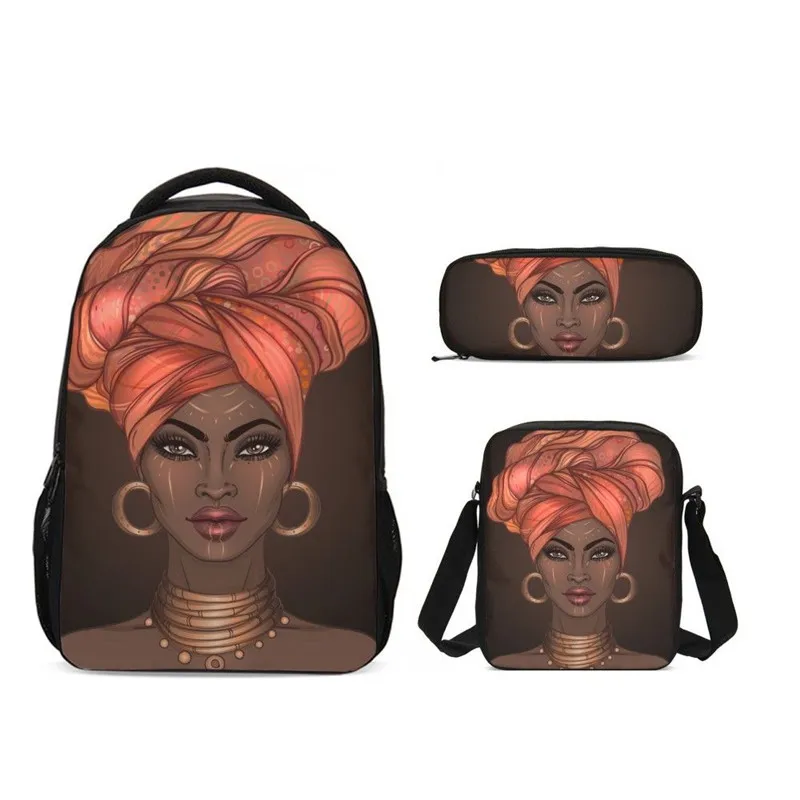 3Pcs/Set Portfolio School Bags Girls Boys Fashion Black Art African Girl Printed Backpacks Teenager Kids Bookbag Casual Daypacks - Цвет: SCBW014001XAF