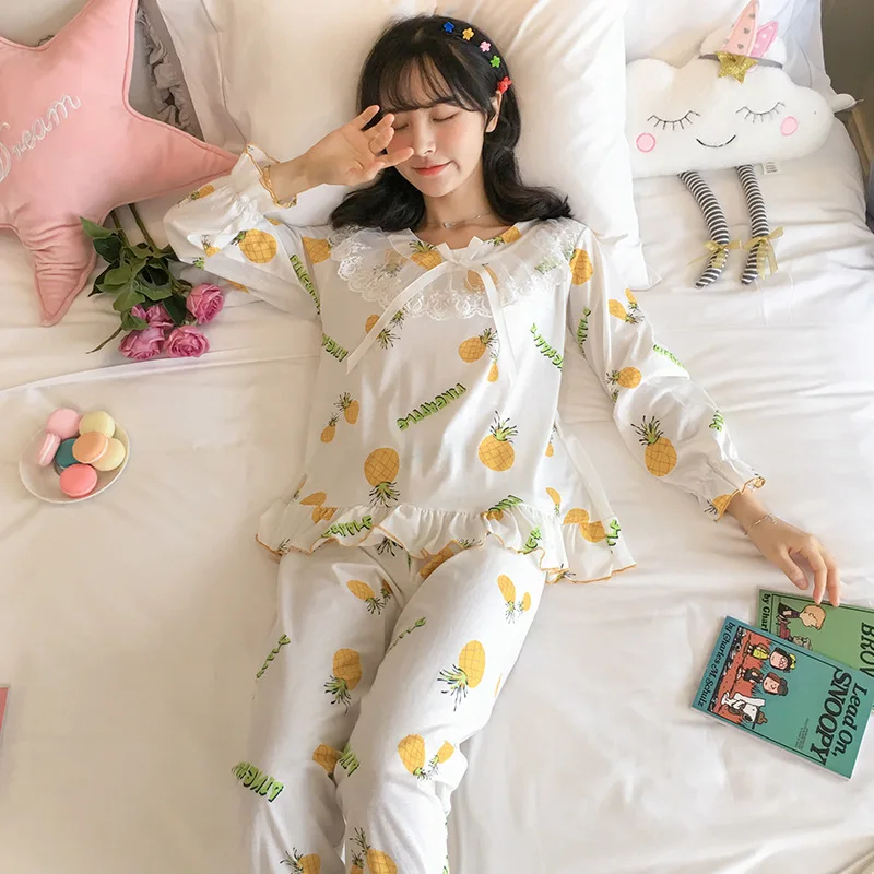 

Pajamas Women's Spring And Autumn Pure Cotton Long Sleeve Princess Style Cute Pineapple Two-Piece Set Thin Korean-style Winter H
