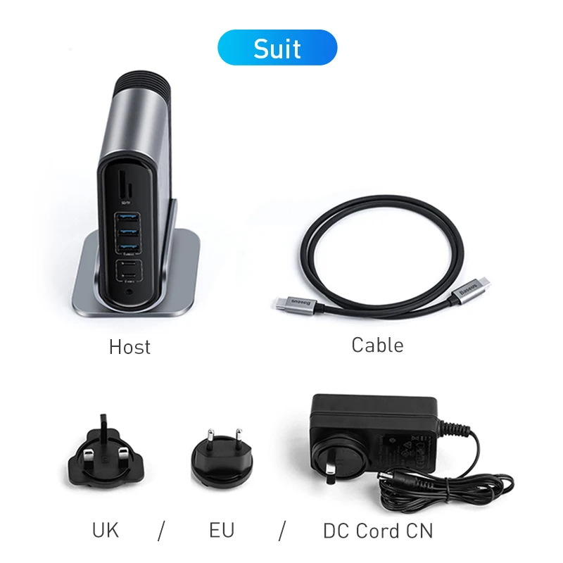 Baseus 16 портов USB C концентратор к USB 3,0 4K HDMI RJ45 VGA DC Аудио Многофункциональный Тип C концентратор адаптер рабочая станция для ноутбука - Цвет: With DC Dark gray