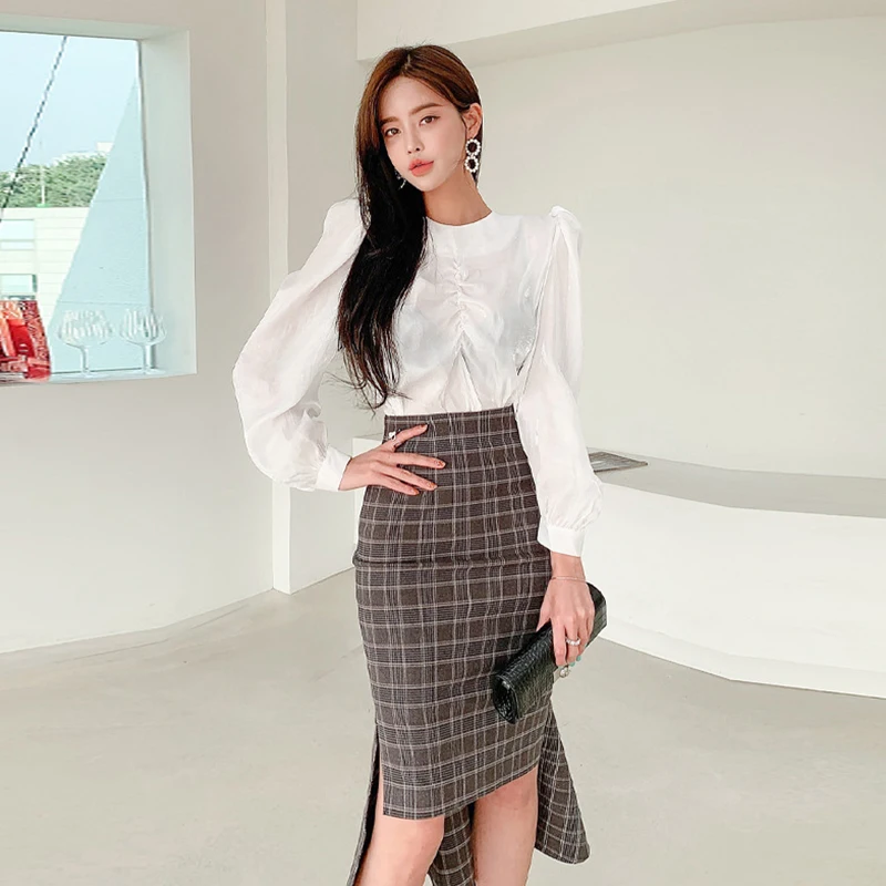 new arrival fashion set women spring OL casual perspective puff sleeve white shirt and plaid mermaid skirt two piece set
