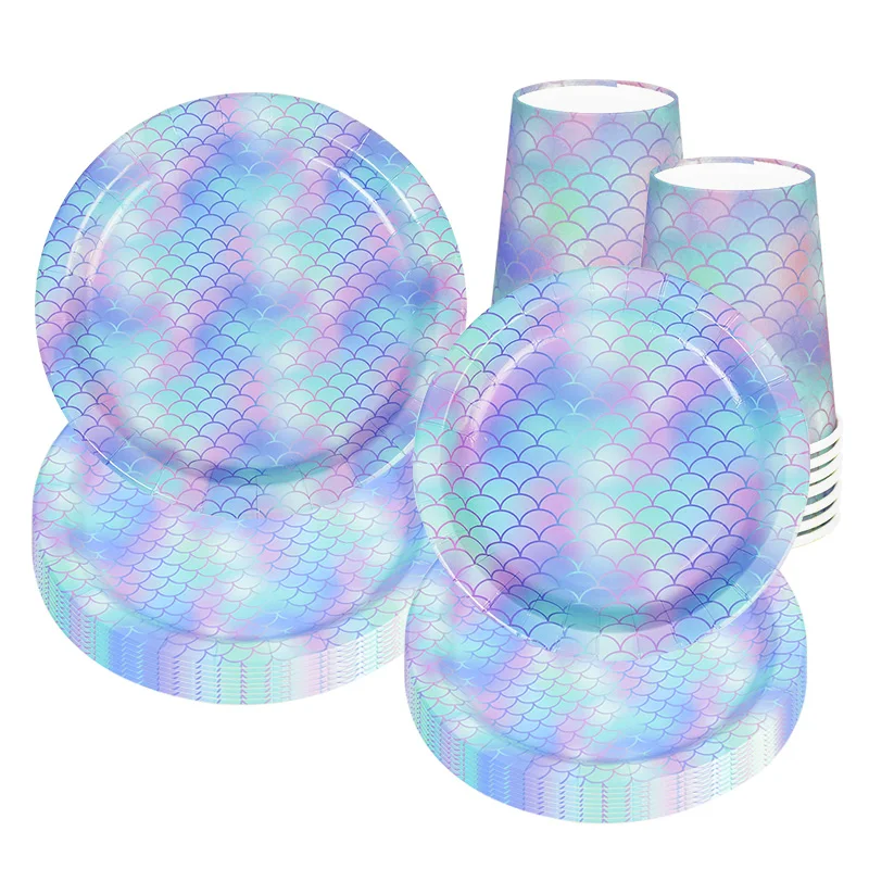 Mermaid Party Disposable Tableware Set Paper Cups Plate Kids 1st Birthday Party Decorations Mermaid Balloons Baby Shower Favors