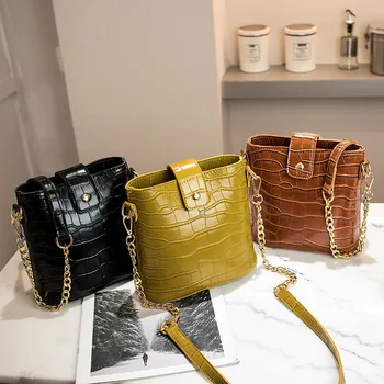 

Crocodile Pattern Women Pu Leather Bucket Bag Wild Large Capacity Messenger Shoulder Bag Luxury Handbags Stone Women Bags