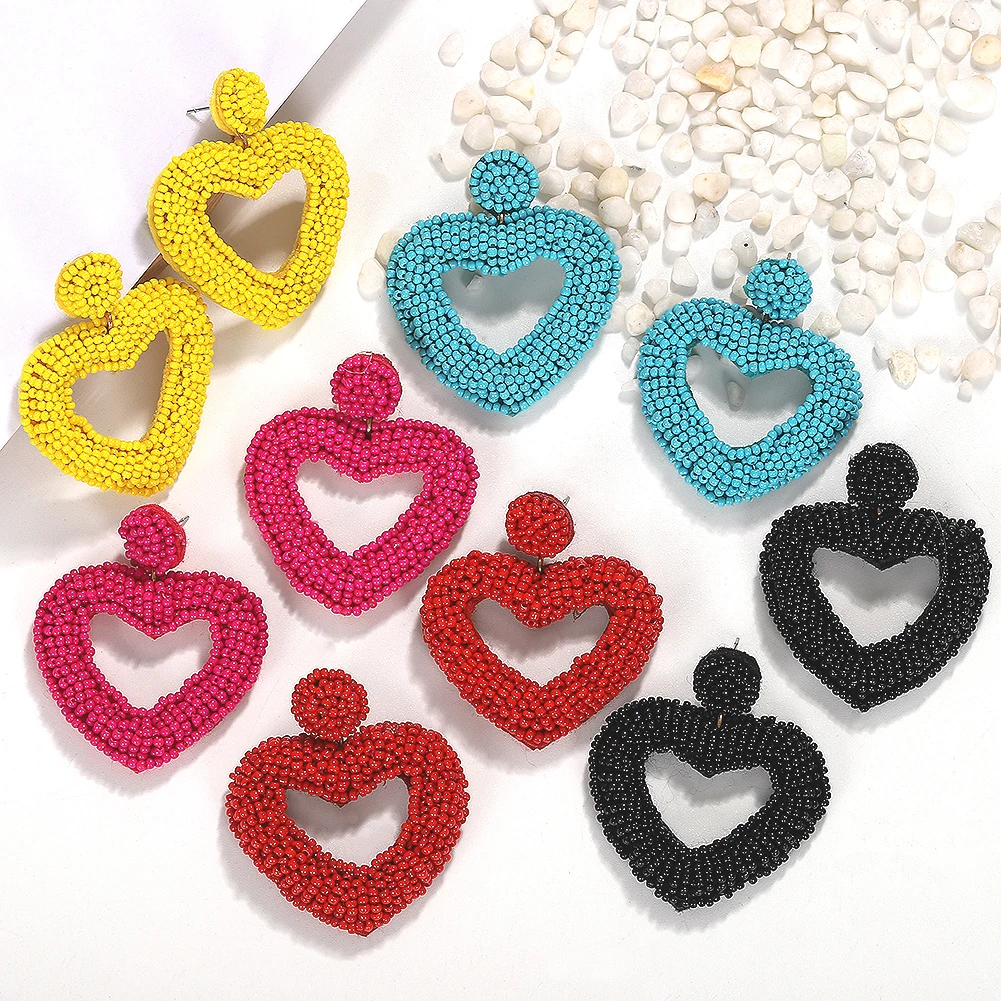 

Girlgo Maxi Multicolor Beads Heart Dangle Earrings For Women Bohemia Fashion Love gifts Pendant Statement Earrings Charm Jewelry