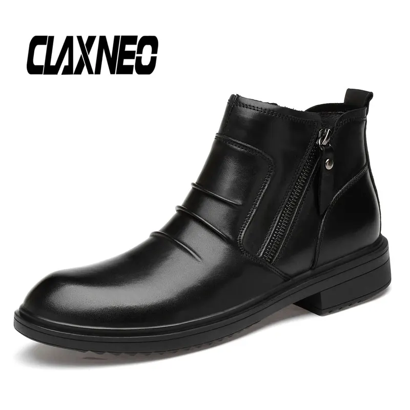 CLAXNEO/мужские ботинки на молнии из натуральной кожи; мужская повседневная кожаная обувь; мужские зимние ботинки на меху; Теплая обувь; большие размеры
