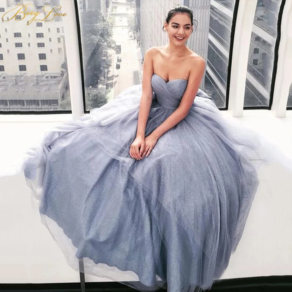 

BeryLove Blue Tulle Evening Dress 2020 New Glitter Shiny A-Line Sweetheart Off Shoulder Evening Gown Pleated Formal Dress