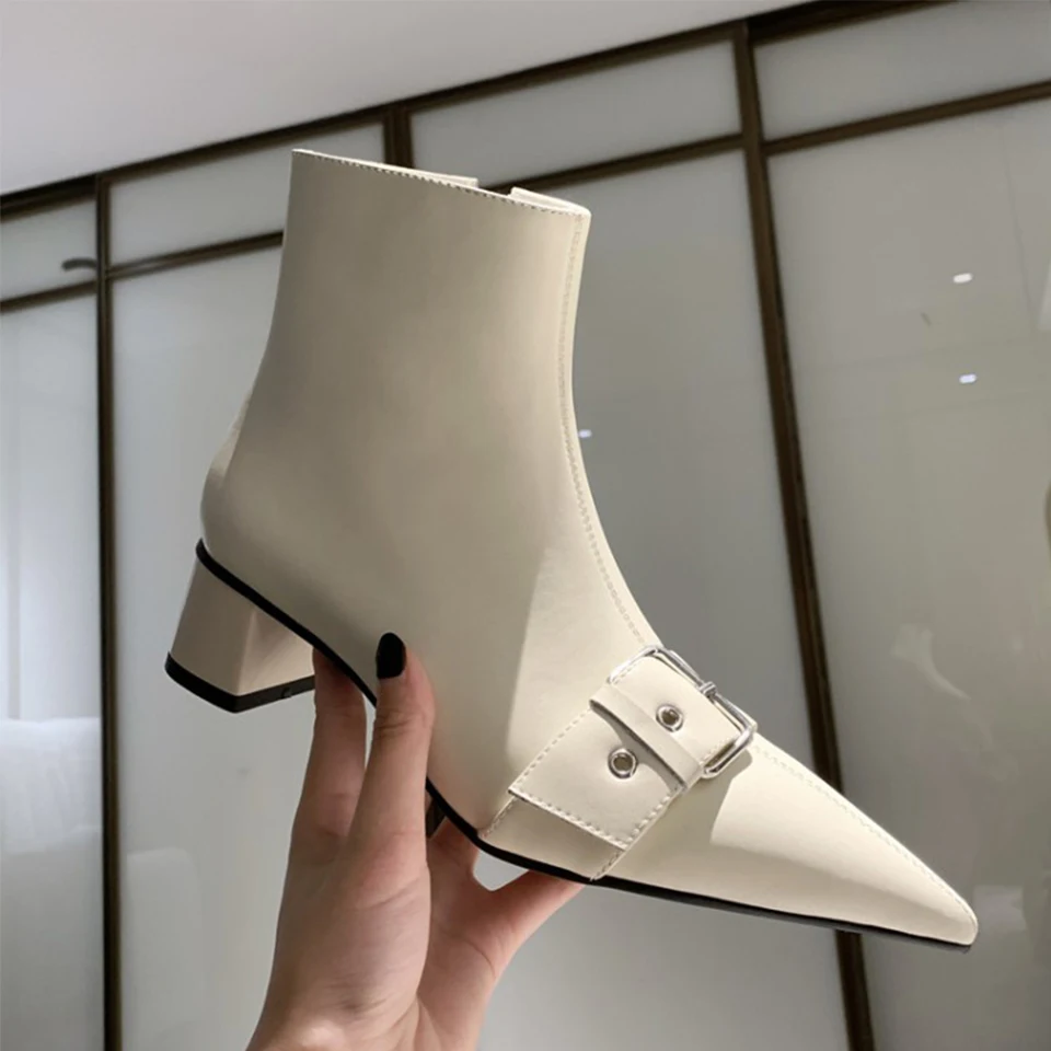 

BELLECOM 2019 Autumn and Winter New Type Women's Pointed Shoes with Thick Heels and Leather Button Martin Boots