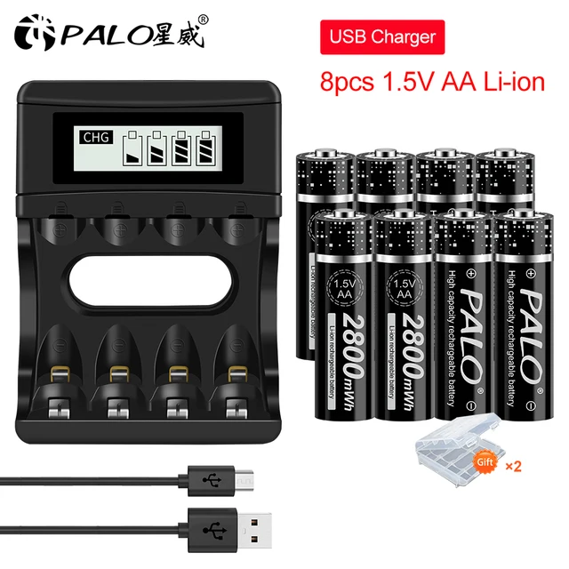 PALO 1.5V AA Battery Rechargeable 2800mWh 1.5V AA Li-ion lithium Battery aa batteries for Remote Control flashlight with Charger 8pcs and charger