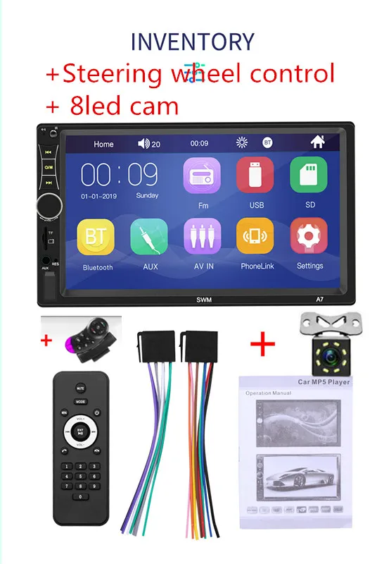 Авторадио 2DIN автомобильный стерео MP5 плеер 7 дюймов сенсорный экран Bluetooth USB AUX U диск FM радио+ камера - Цвет: RC and 8led cam