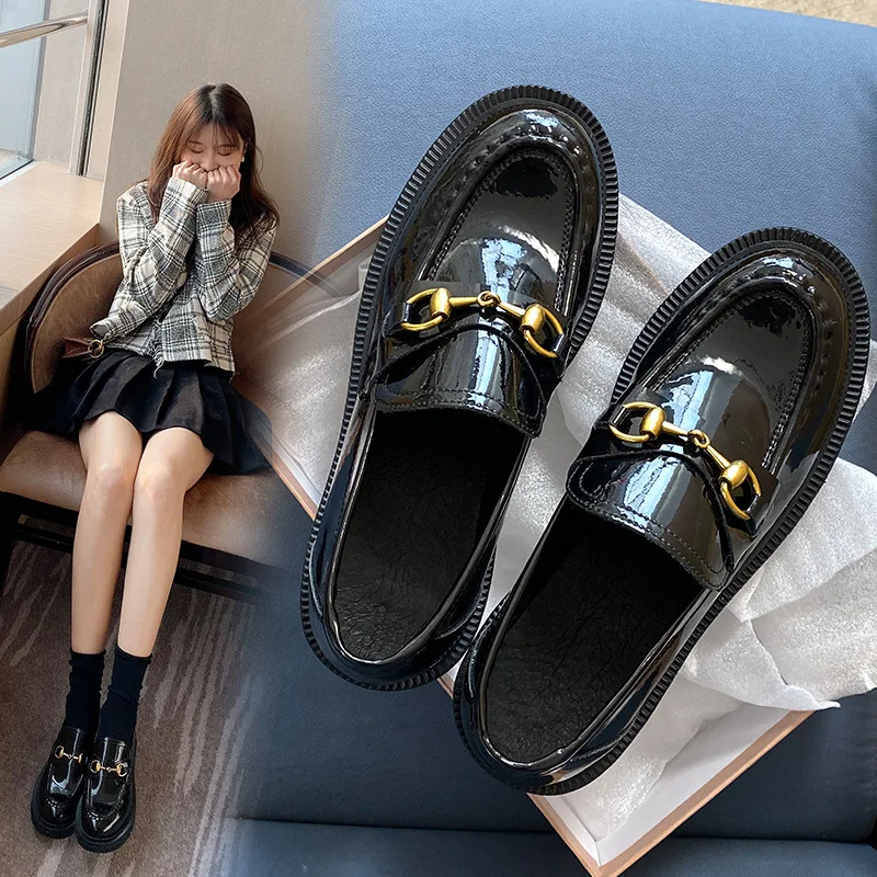 

British-Style 2020 Spring New Style Horsebit Buckle Loafers Women's Genuine Leather Large round-Toe Casual Shoes Anti-slip Flat