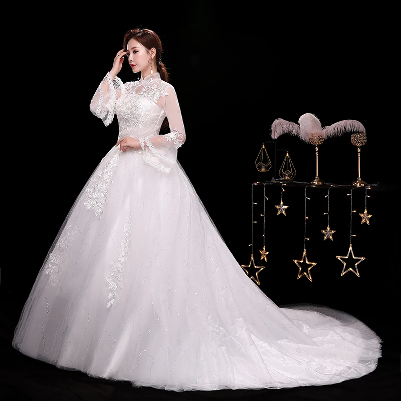 Vestidos De Novia мусульманское винтажное свадебное платье с длинным рукавом с высоким вырезом и шлейфом Плюс Размер свадебное платье халат De Mariage Sirene