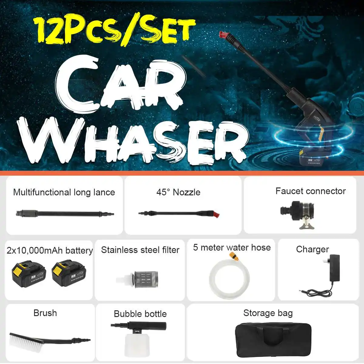 US $141.03 12pcsSet 21V Car Washer Cordless Rechargeable Car Washer 09Mpa High Pressure Hose Cleaner 2x10000mA Battery Washing Machine