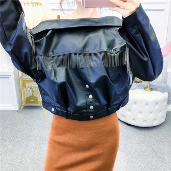 

Autumn Jacket Woman New Fashion Loose Thin Back Tassel Motorcycle Leather Jacket Women Black Pu Jacket Female Jacket With Tassel