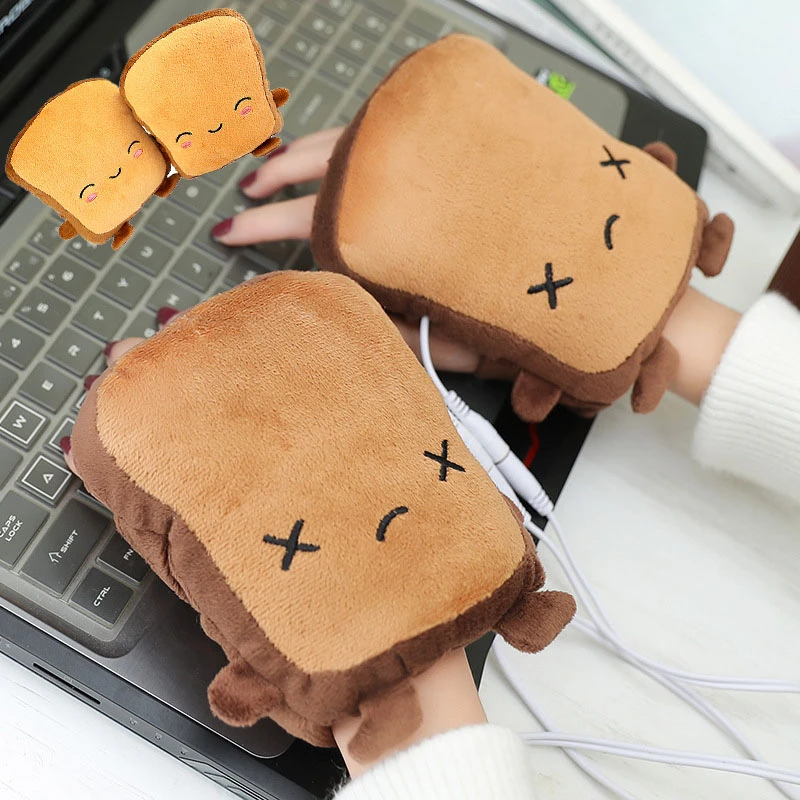 ENticerowts 1 Paar Handschuhe Niedlicher Cartoon Toast Weicher Handwärmer USB-Heizung Fingerlose Handschuhe Mitten 
