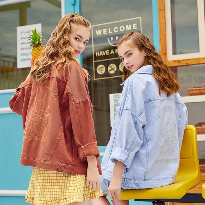 

2019 Autumn WOMEN'S Dress New Style Korean-style Loose And Plus-sized Embroidered Little Lion Jeans Coat Tops