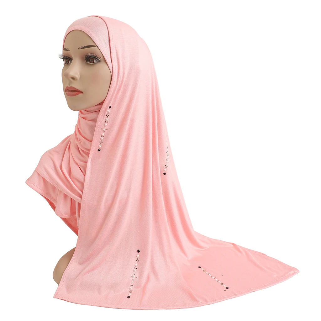 H206 Cotton jersey muslim long scarf with beadings modal headscarf islamic hijab wear arabic rectangular headwrap lady shawl