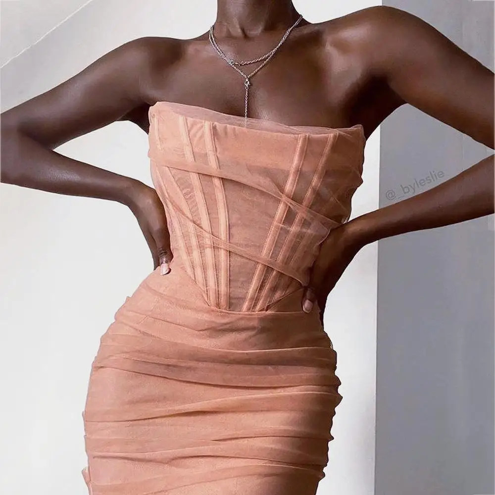 Corsetto elegante crittografia Bustier Bone increspato Mesh Midi abiti  Party Night Club Sexy Backless senza spalline abito estivo aderente -  AliExpress Women's Clothing
