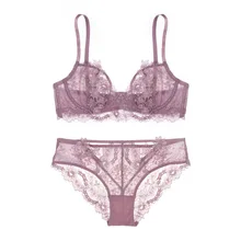 Sexy Lace Ultra Thin Bra with Push Up Embroidery Bra Sets Hollow Transparent Underwear Set Women Lingerie Big Size A B C D Cup