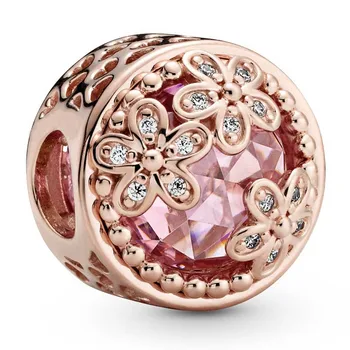 

Original Sparkling Pink Daisy Flower Meadow With Crystal Bead Fit 925 Sterling Silver Bead Charm Bracelet DIY Jewelry