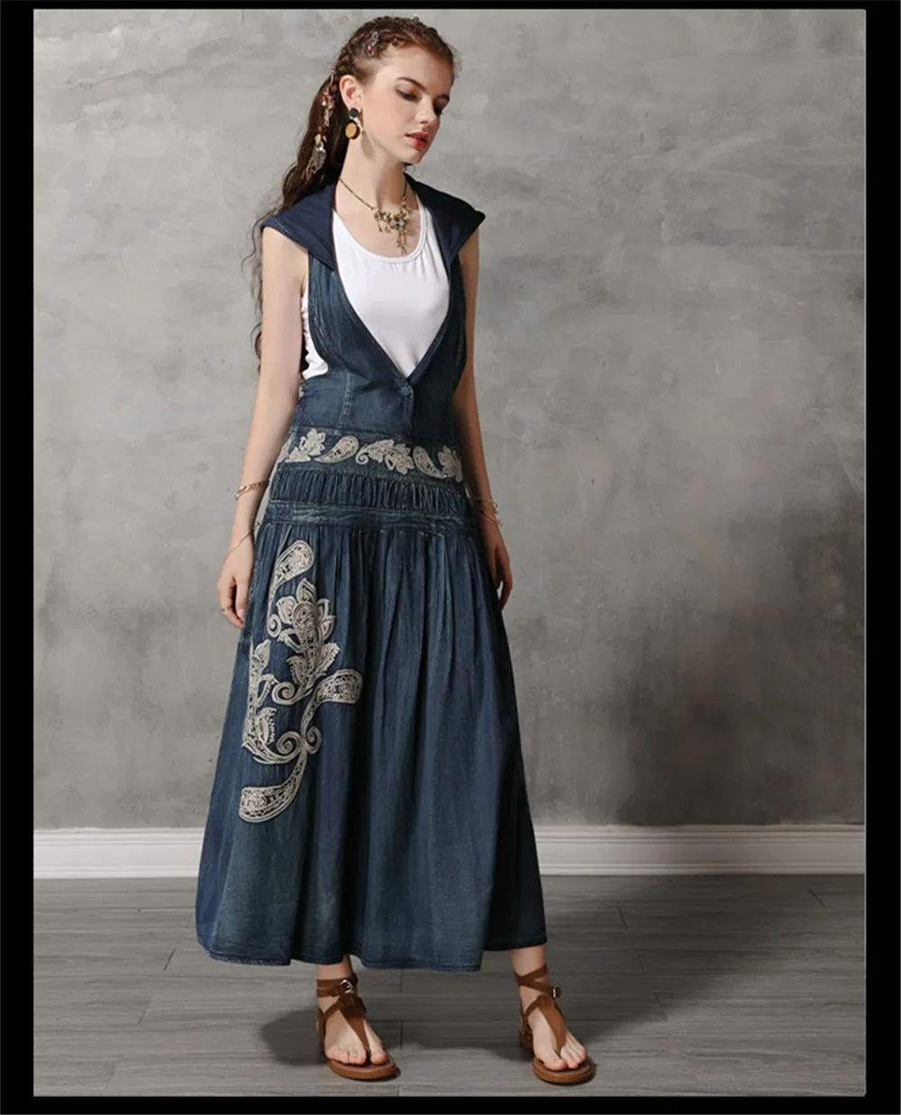 Vintage Hooded Women Dress 2019 Summer Denim Dresses Embroidery V-Neck Loose A-line Long Vestidos Femininas Woman Dress 82109 (1)