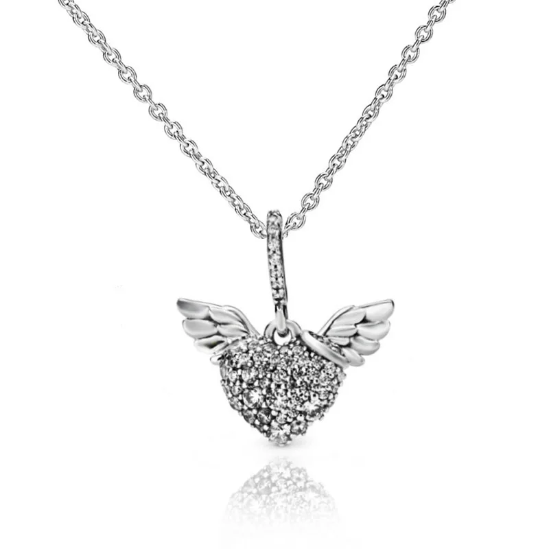 Presale New 925 Sterling Silver Necklace Pavé Heart& Angel Wings Necklace Simple Chain Fashion Necklace Jewelry