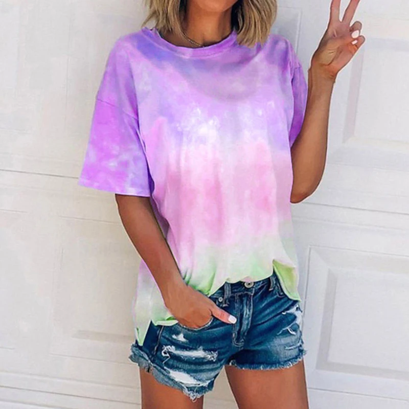New 2020 Summer Sexy Tie Dye Print Short Sleeve T Shirt O-neck Gradient Color Tee Shirt Women Streetwear