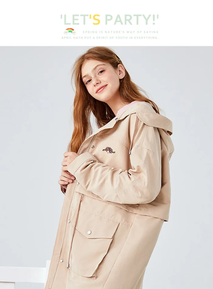 SEMIR, Женская ветровка средней длины, осень, новинка, негабаритный, с капюшоном, на шнурке, с вышивкой, пальто, Корейская версия, свободная куртка