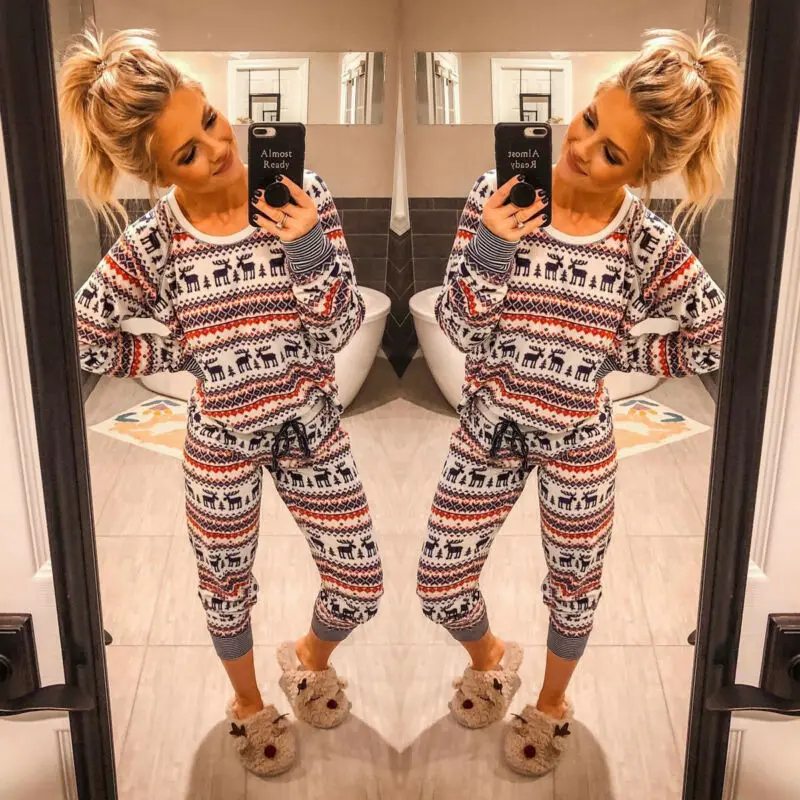 Women Winter New Christmas Reindeer Print Pajamas Set Female Homewear Thick Warm Long Sleeve Full Trousers Two Piece Pajama Set