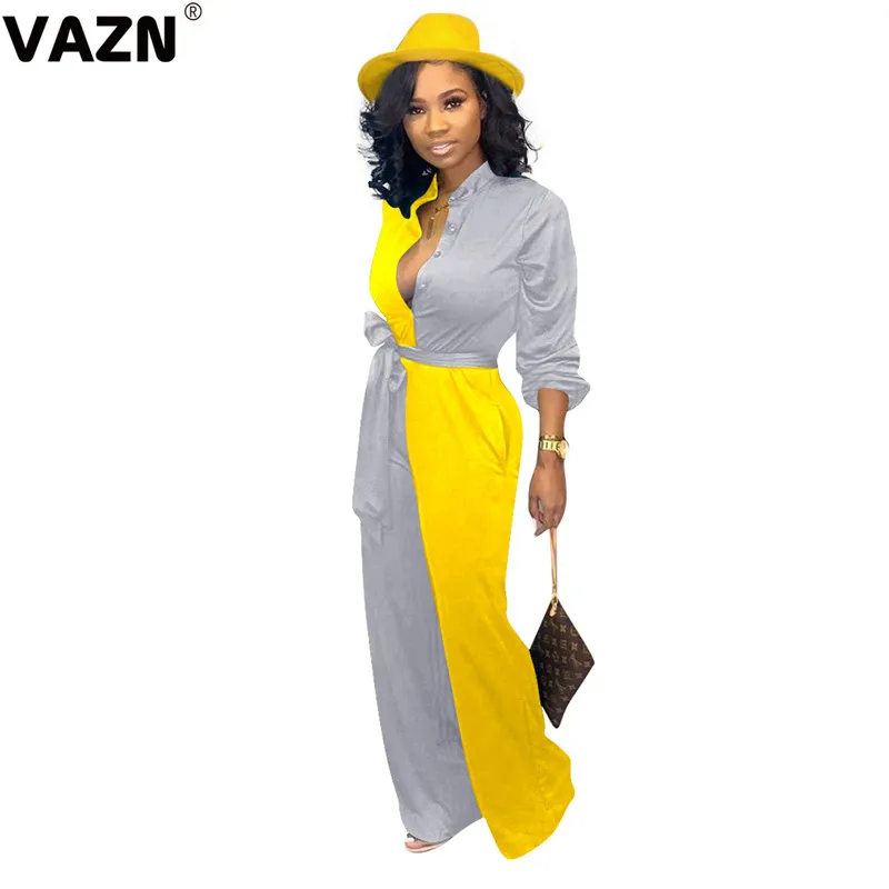 VAZN New chic sexy lady spring sexy lady yellow patchwork colors long jumpsuit full sleeve slashes jumpsuit button jumpsuit