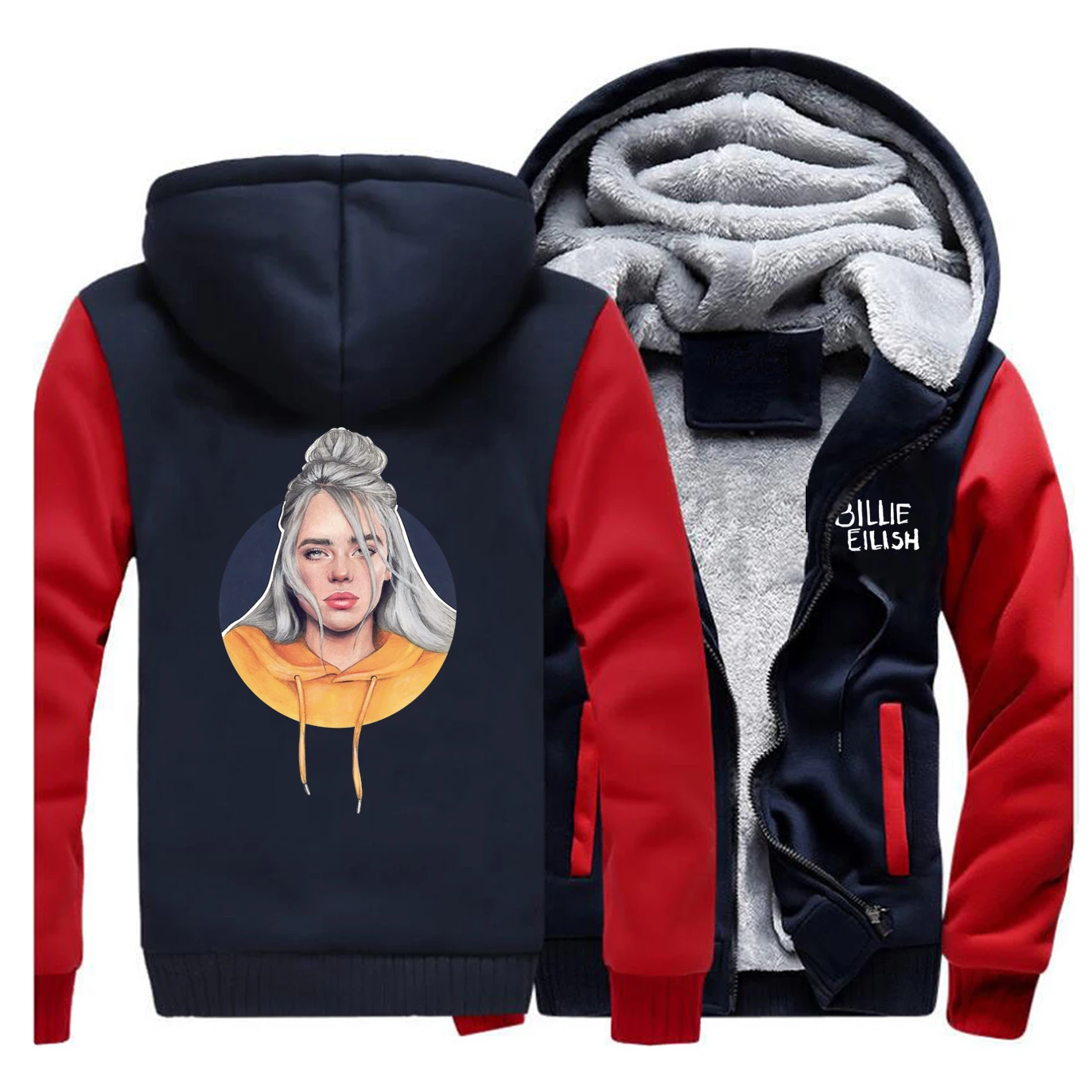 Billie Eilish, Мужская Толстая зимняя Флисовая теплая куртка, пальто Bad Guy, пальто в стиле хип-хоп с капюшоном, пальто, спортивные костюмы, толстовки, Спортивная уличная одежда - Цвет: Red Dark Blue