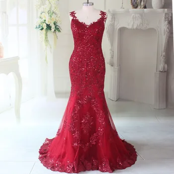 

Elegant Bling Burgundy Mermaid Evening Dresses Illusion Back Lace Beads robe de soiree sukienka wieczorowa Formal Gowns