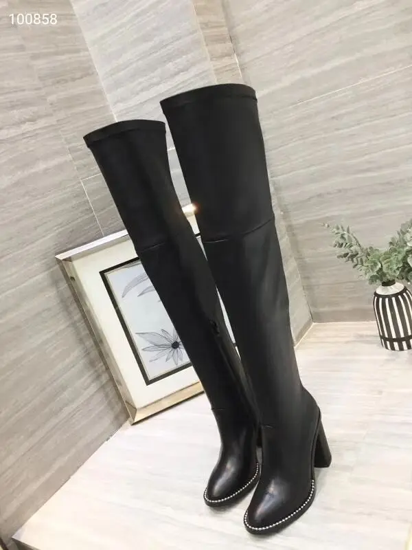 

Brand Autumn Winter Rivet Over The Knee Boots Women Genuine Leather Stretch Boots Black Zipper Boots Square Heel Shoes New
